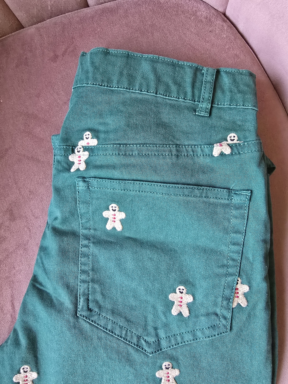 Green Pants with Embroidered Gingerbread Motif..wore Once For Christmas Shoot.